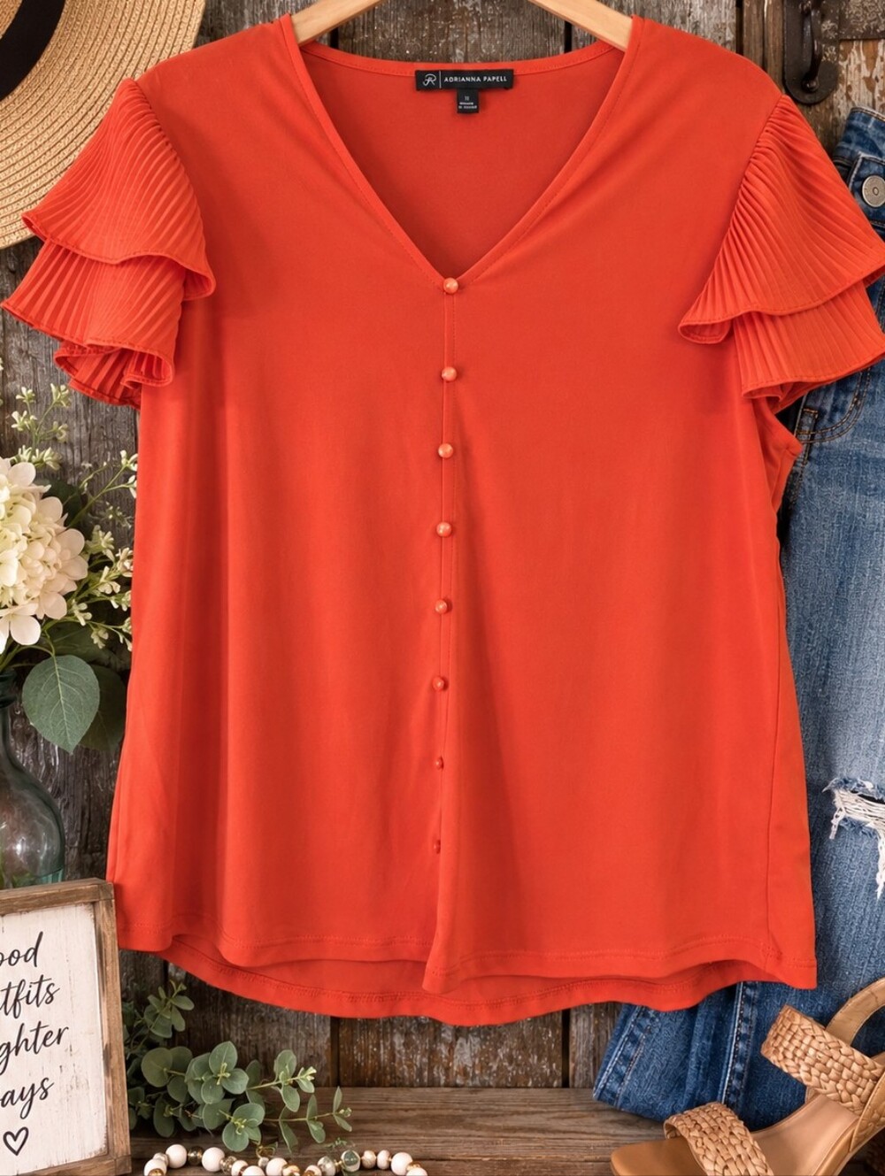 Adrianna Papell Coral Red Pleated Flutter Sleeve Button Blouse L